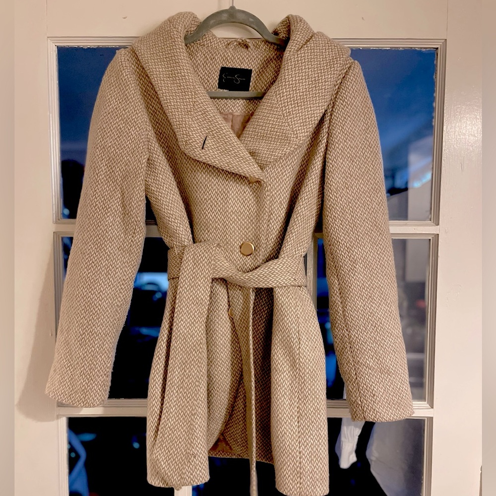Light Tan & White Peacoat with Waist Tie